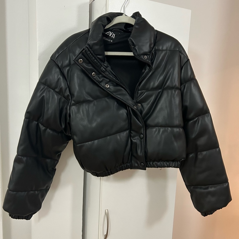 Faux Leather Cropped Puffer, Size M